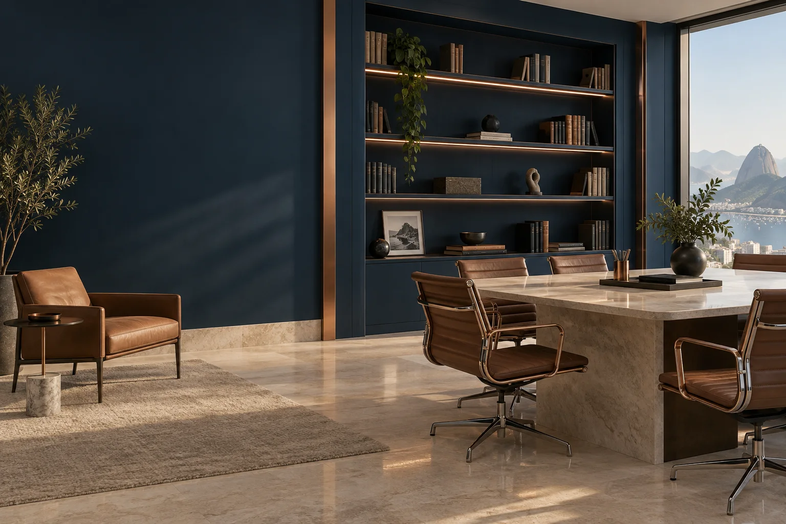 Ambiente contemporâneo de escritório com tons azul-marinho e cobre